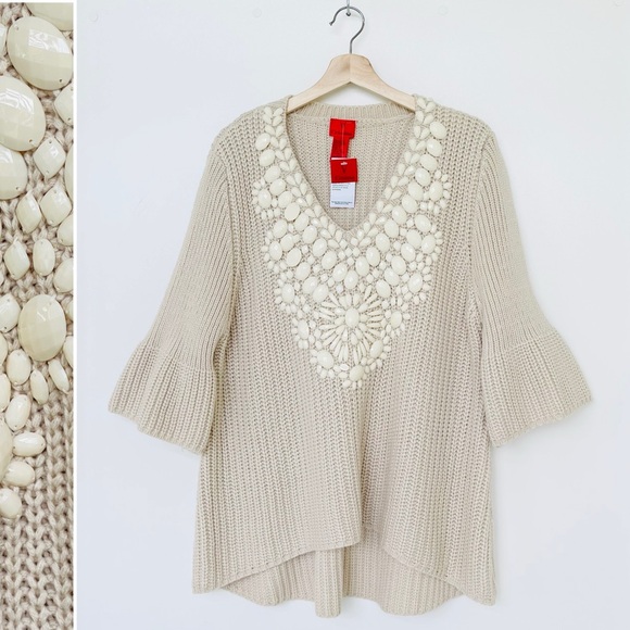 V Cristina Knit Sweater Embellished 3/4 Bell Sleeve V-Neck Beige Hi-low Hem - Picture 4 of 10
